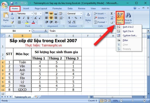 sap xep du lieu trong excel 2007 2