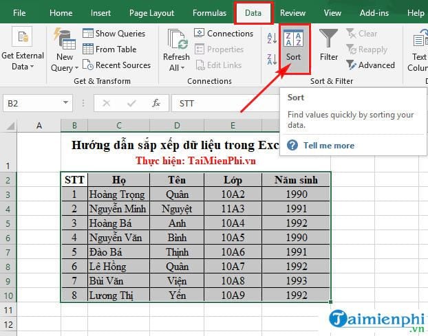 sap xep du lieu trong excel 2016 2