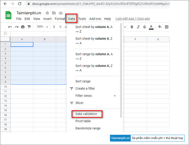 tao menu danh sach tha xuong trong google sheets