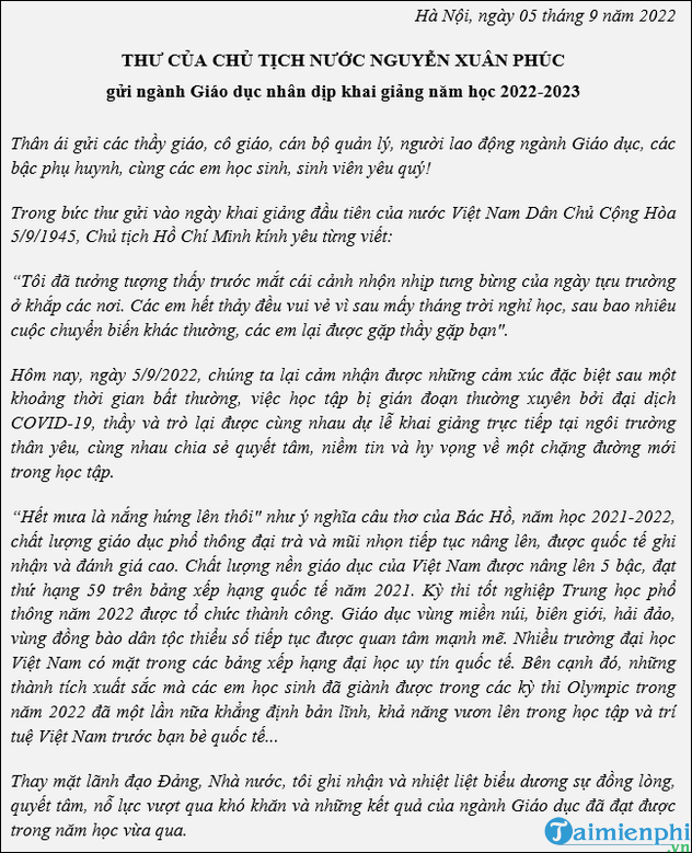 Thu Chu tich nuoc gui ngay khai giang 2022 PDF