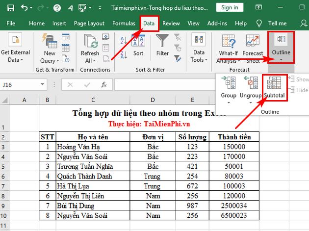 Tổng hợp dữ liệu theo nhóm trong Excel