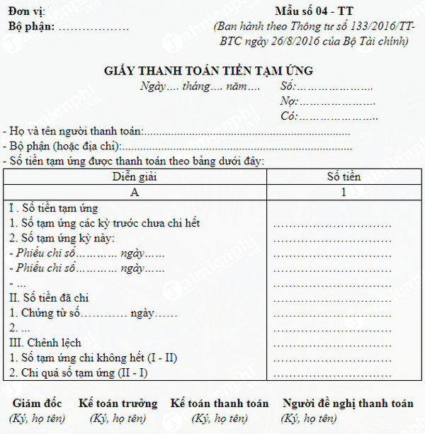cach viet giay de nghi thanh toan tam ung