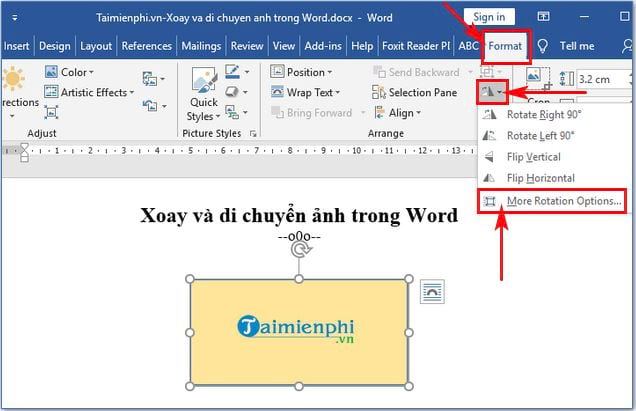 xoay va di chuyen hinh anh trong word 2