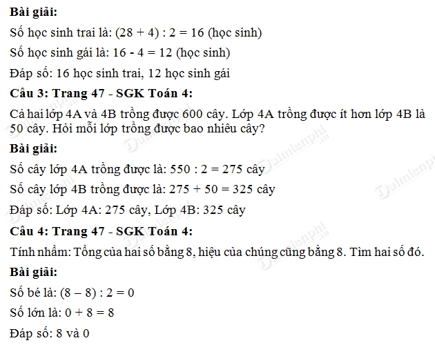 Giải bài tập trang 47 SGK toán 4