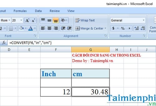 Cách đổi inch sang cm trong Excel