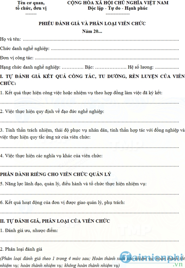 Mẫu phiếu đánh giá phân loại viên chức cán bộ quản lý -taimienphi.vn