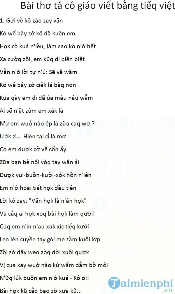 Bài thơ tả cô giáo viết bằng tiếq việt