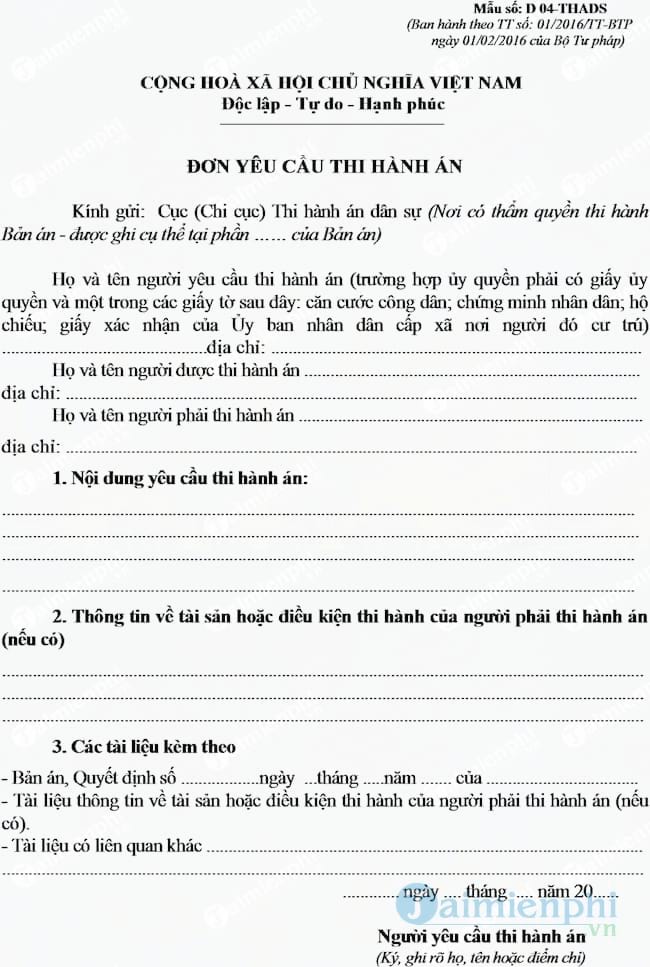Mẫu đơn yêu cầu thi hành án - Đơn yêu cầu thi hành án với bị cáo -taim Mẫu Đơn Yêu Cầu Thi Hành Án - Đơn Yêu Cầu Thi Hành Án Với Bị Cáo -Taim