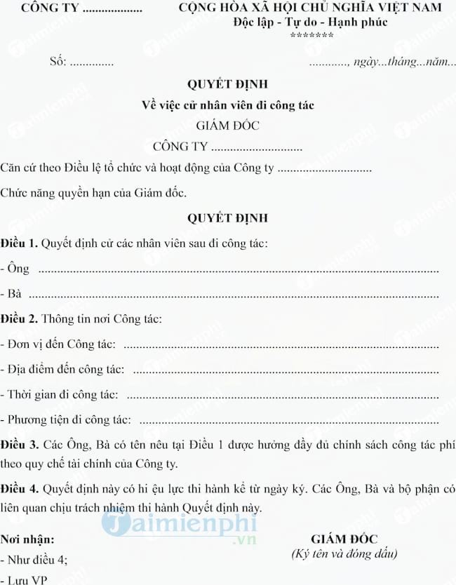 Mẫu quyết định về việc cử nhân viên đi công tác, Thông báo về việc đi Mẫu Quyết Định Về Việc Cử Nhân Viên Đi Công Tác, Thông Báo Về Việc Đi