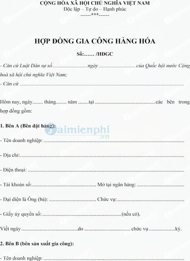 Mẫu Hợp Đồng Gia Công Hàng Hóa, Thỏa Thuận Về Gia Công Hàng Trong Nước