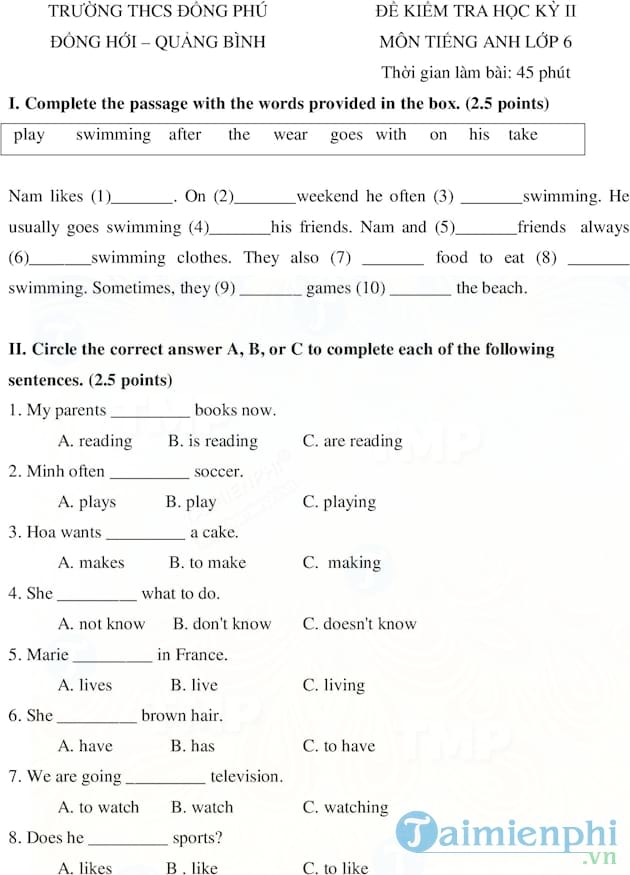 Đề kiểm tra học kì II lớp 6 môn tiếng Anh trường THCS Đồng Phú Quảng Bình