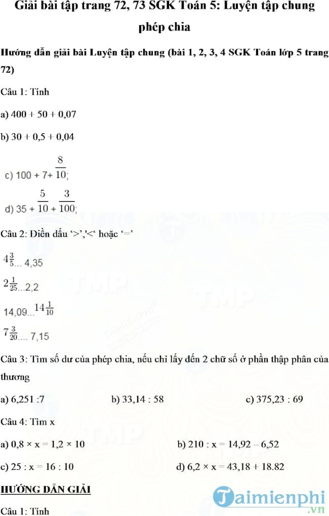 Download Giải Bài Tập Trang 72, 73 Sgk Toán 5 File Doc - Giải Bài Tập