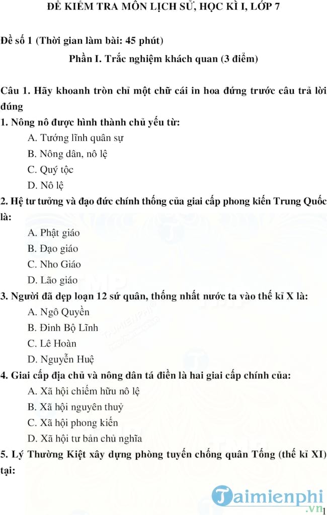 Download Đề Kiểm Tra Học Kì I Lớp 7 Môn Lịch Sử File Pdf - Đề Thi Sử K