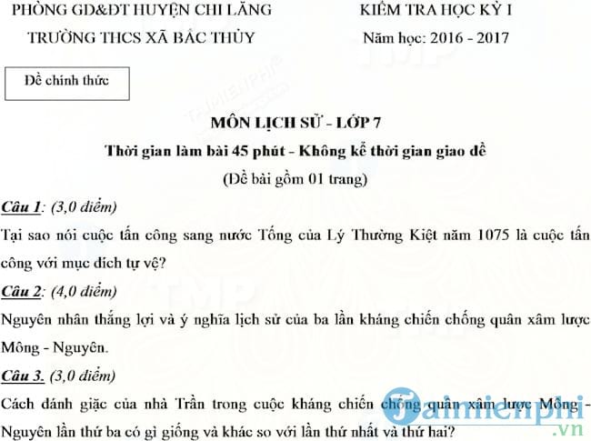 Đề Thi Học Kì 1 Môn Lịch Sử Lớp 7, Đề Kiểm Tra Lớp 7 Môn Sử Có Đáp Án