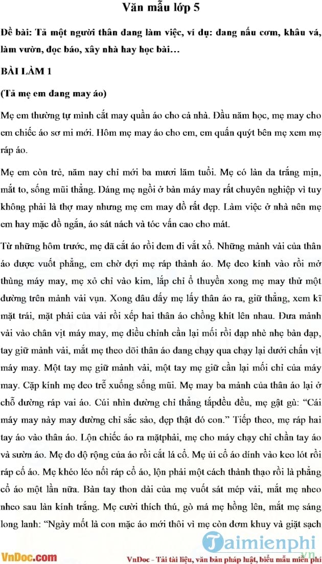 Tổng hợp các bài văn tả người thân đang làm việc lớp 5