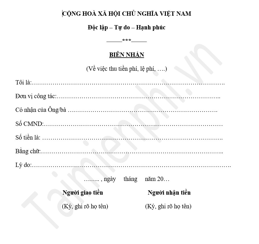 mau giay bien nhan tien dat coc mua xe