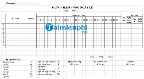 Mẫu bảng chấm công ngày, Bảng ghi chép ngày công trên Exel -taimienphi