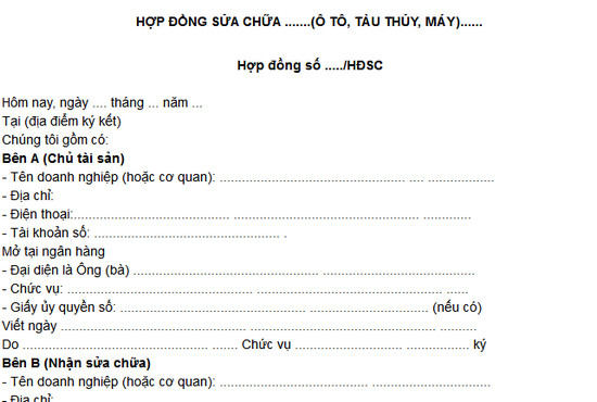 Download Mẫu Hợp Đồng Sửa Chữa Ô Tô, Tàu Thủy, Máy Doc - Hợp Đồng Sửa