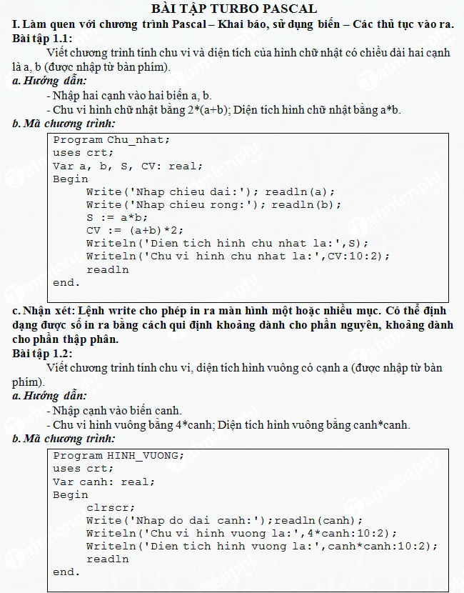 Bài Tập Pascal Lớp 8, Tài Liệu Học Pascal Lớp 8 -Taimienphi.Vn