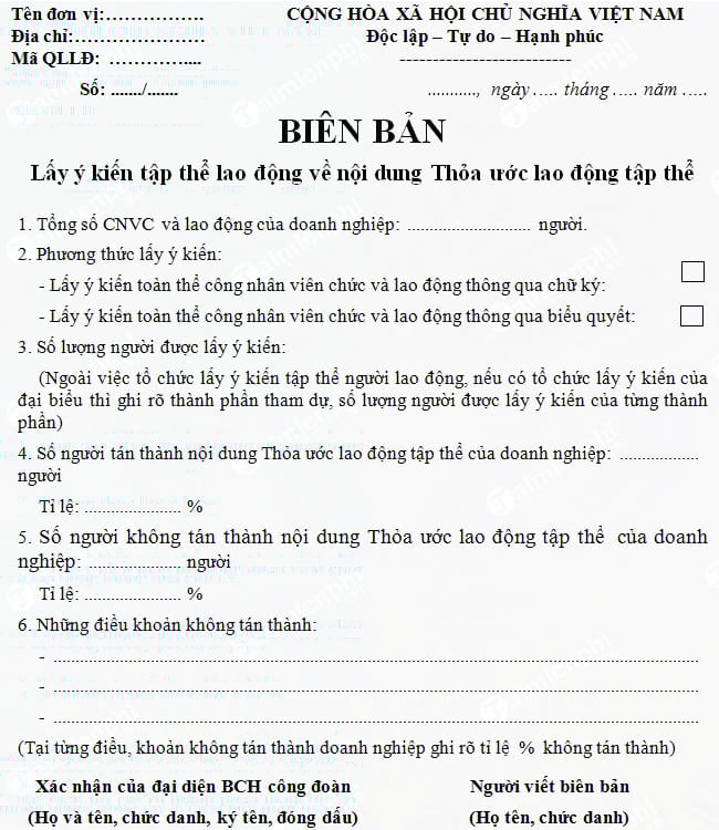 Mẫu Biên Bản Lấy Ý Kiến Tập Thể Lao Động Về Nội Dung Thỏa Ước Lao Động