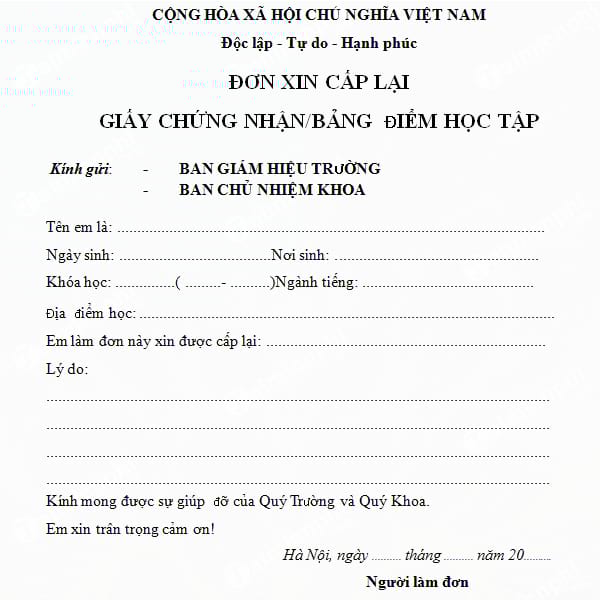 Mẫu Đơn xin cấp lại bảng điểm, giấy xin cấp bảng điểm bị rách, hư hỏng
