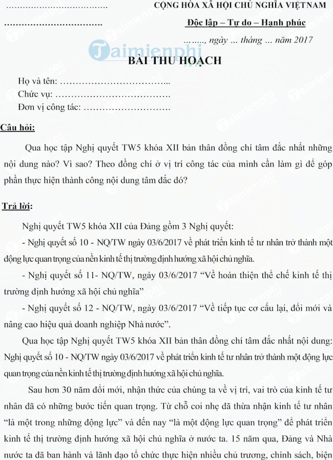 Bài thu hoạch nghị quyết Trung ương 5 khóa 12, khóa XII của Đảng Viên,