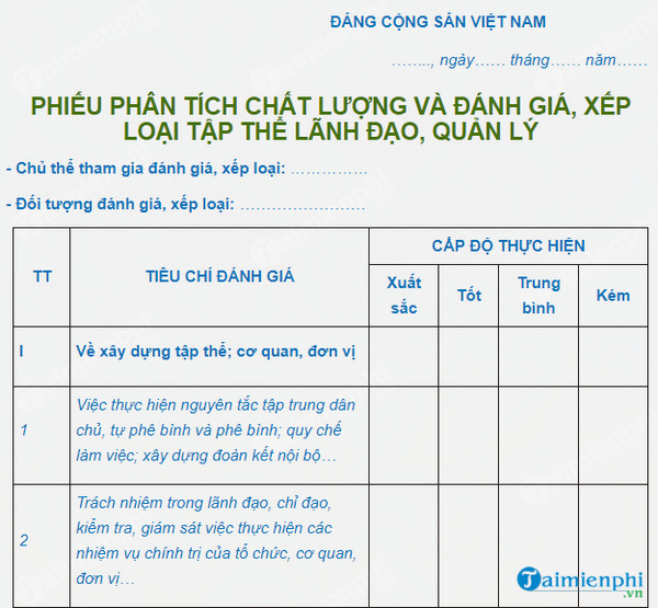 phieu phan tich danh gia chat luong tap the lanh dao